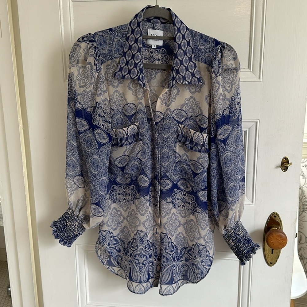 Sheer Misa blouse. Blue and cream.